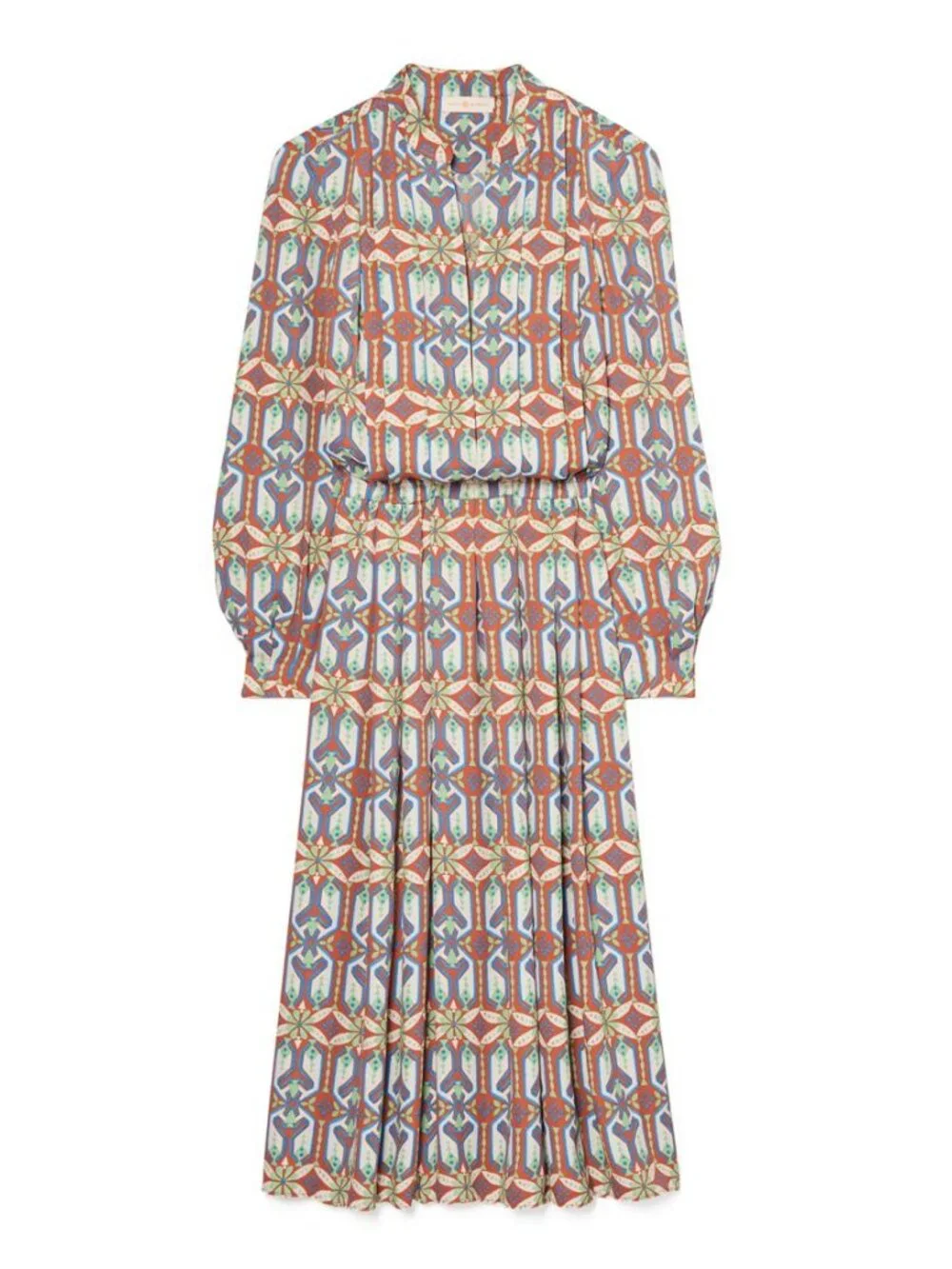 Tory Burch Garden Maze Geometric Print Pleated Shirt Dress
